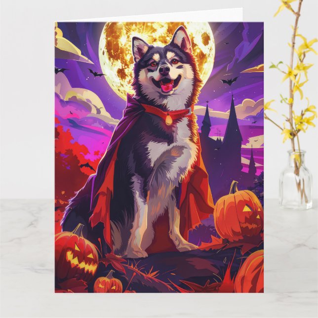 Tarjeta Halloween Calabazas de vampiros Lapphund finlandes (flor amarilla)