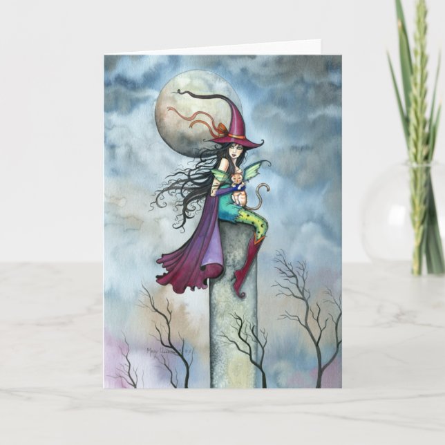 Tarjeta Halloween Card Witch Cat Fairy Art (Anverso)