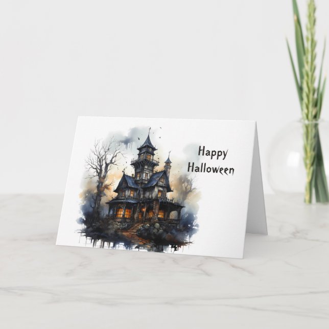Tarjeta Halloween: Casa embrujada de victorianos (Anverso)