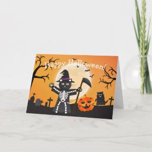 Tarjeta Halloween Cat Grim Reaper