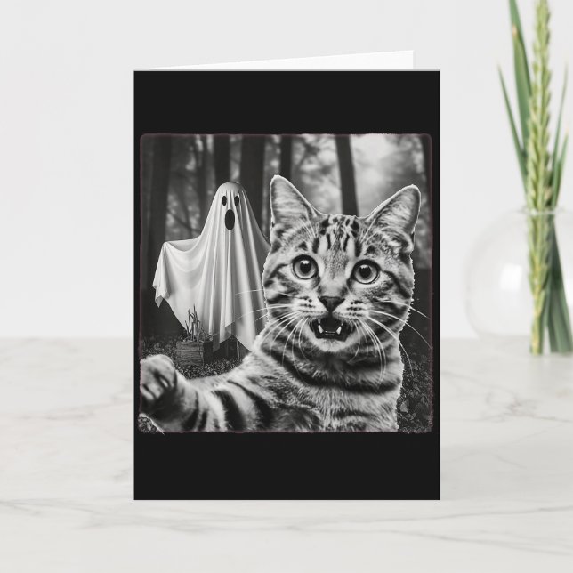 Tarjeta Halloween Cat Selfie With Soky Ghost  (Anverso)