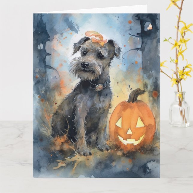 Tarjeta Halloween Chesapeake Bay Terrier con calabazas (flor amarilla)