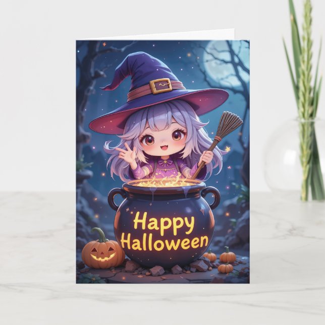 Tarjeta Halloween Chica de brujas lindo (Anverso)