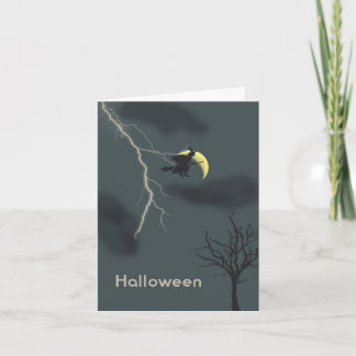 Tarjeta Halloween con bruja, relámpago y luna