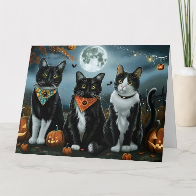 Tarjeta Halloween con gatos de Tuxedo (Anverso)