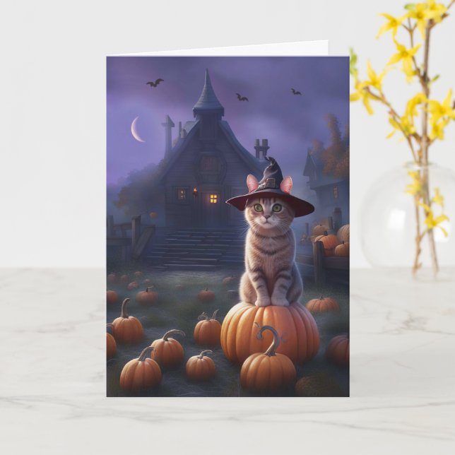 Tarjeta Halloween con gatos y calabazas mansiones aterrado (flor amarilla)