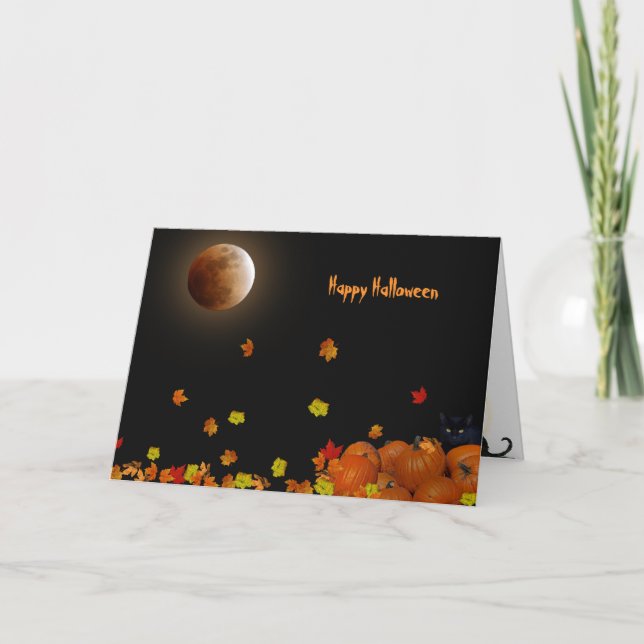 Tarjeta Halloween con luna llena y hojas (Anverso)
