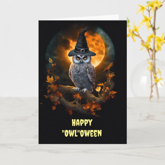 Tarjeta Halloween con Owl y Moon Cute y Funny (flor amarilla)