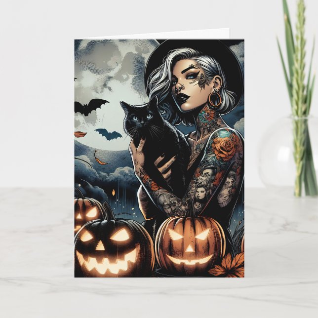 Tarjeta Halloween con temas de bruja gótica (Anverso)