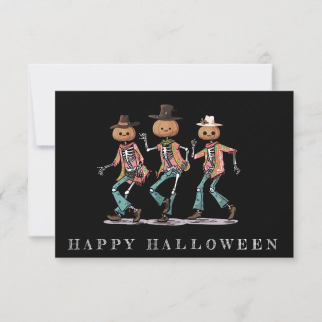 Tarjeta Halloween con tres esqueletos divertidos (Anverso)