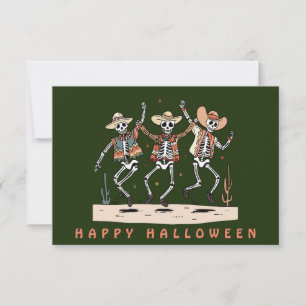 Tarjeta Halloween con tres esqueletos divertidos