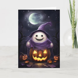 Tarjeta Halloween con un fantasma lindo Jack-o'-lantern