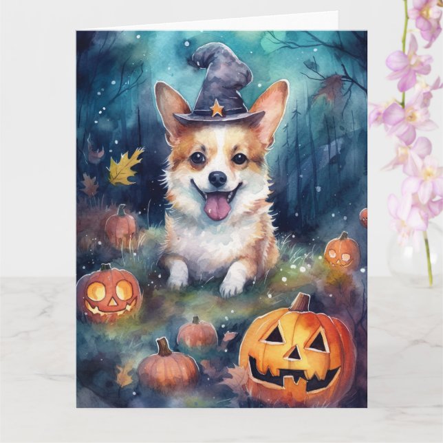 Tarjeta Halloween Corgi con calabazas aterradoras (Orquídea)