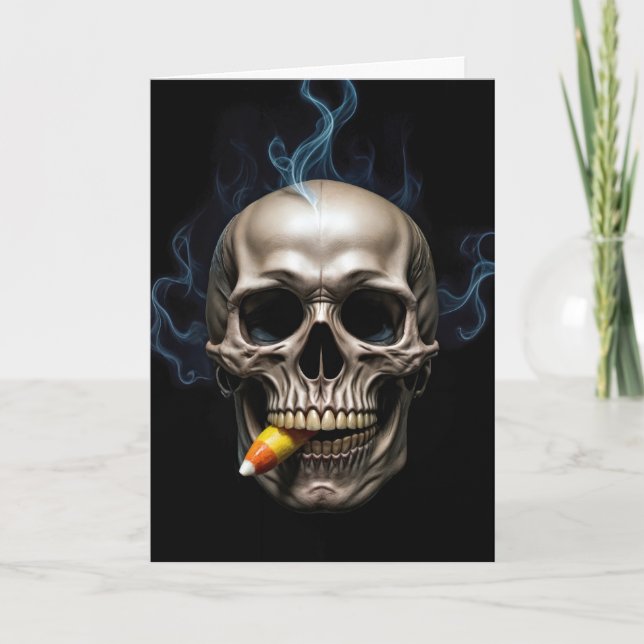 Tarjeta Halloween Cumpleaños Smoull Skull Biting Candy Cor (Anverso)