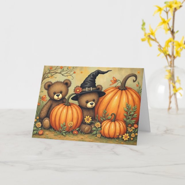 Tarjeta Halloween Curte Teddy Bears Folk Art Style Puimpki (flor amarilla)