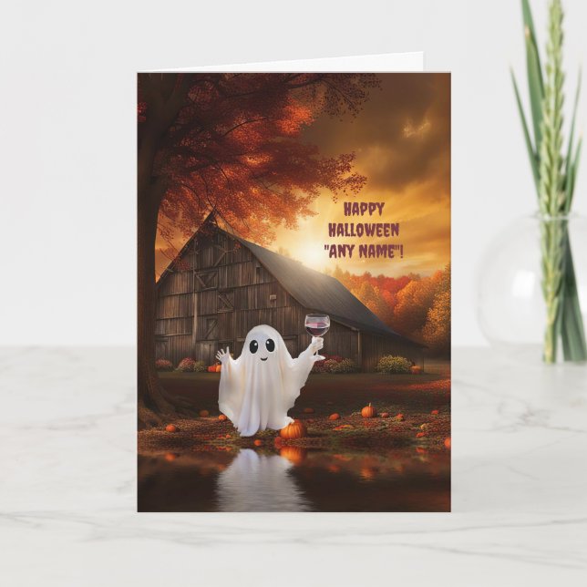 Tarjeta Halloween Custom Name Cute Ghost with Wine (Anverso)