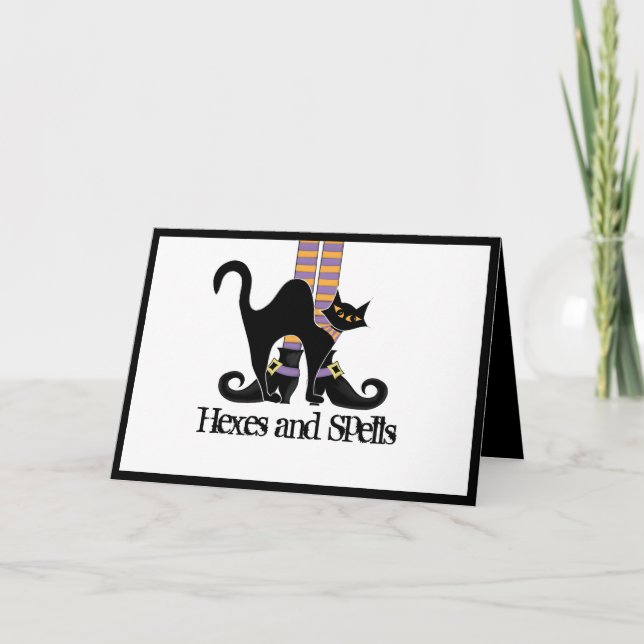 Tarjeta Halloween Cute Whimsical Witch Shoes Black Cat (Anverso)
