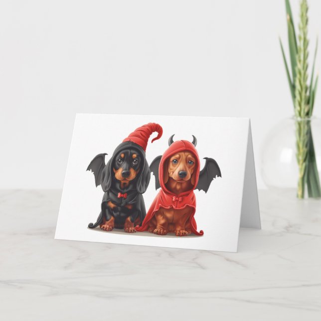 Tarjeta Halloween Dachshund Perro Devil Bat (Anverso)