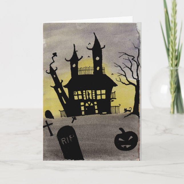 Tarjeta Halloween de acuarela Haunted House (Anverso)