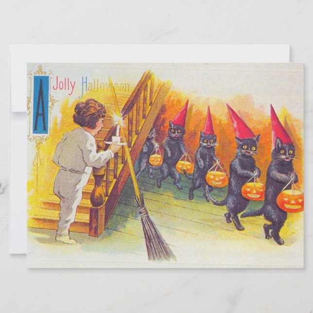 Tarjeta Halloween de alegría (gatos negros) (Anverso)