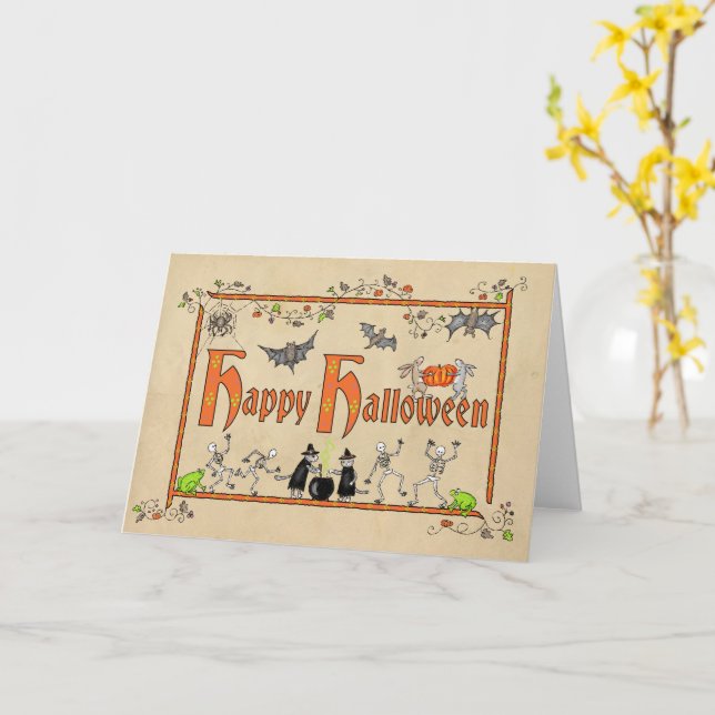 Tarjeta Halloween de animales medievales (flor amarilla)