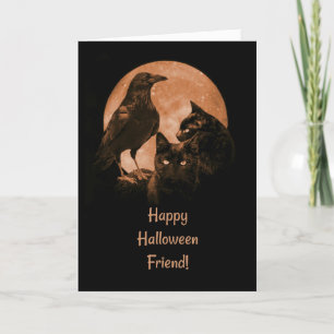 Tarjeta Halloween de Black Cats and Raven Friend