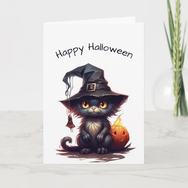 Tarjeta Halloween de bruja de Kitten negro (Anverso)