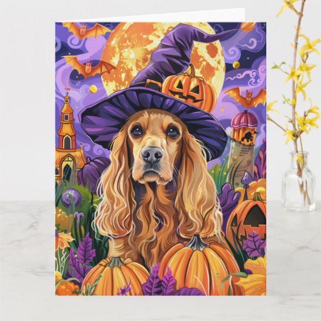 Tarjeta Halloween de Brujas de Cocker Spaniel Dog Hallowee (flor amarilla)