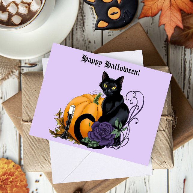 Tarjeta Halloween de calabaza de Rosa morado de gato negro (Subido por el creador)