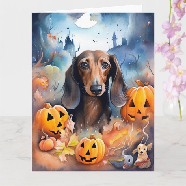 Tarjeta Halloween de Dachshund con calabazas espeluznante (Orquídea)