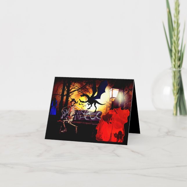 Tarjeta Halloween de dragones-brujas-crepes y fantasmas (Anverso)