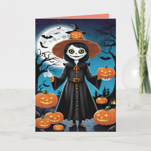 Tarjeta Halloween de espantapájaros y calabaza