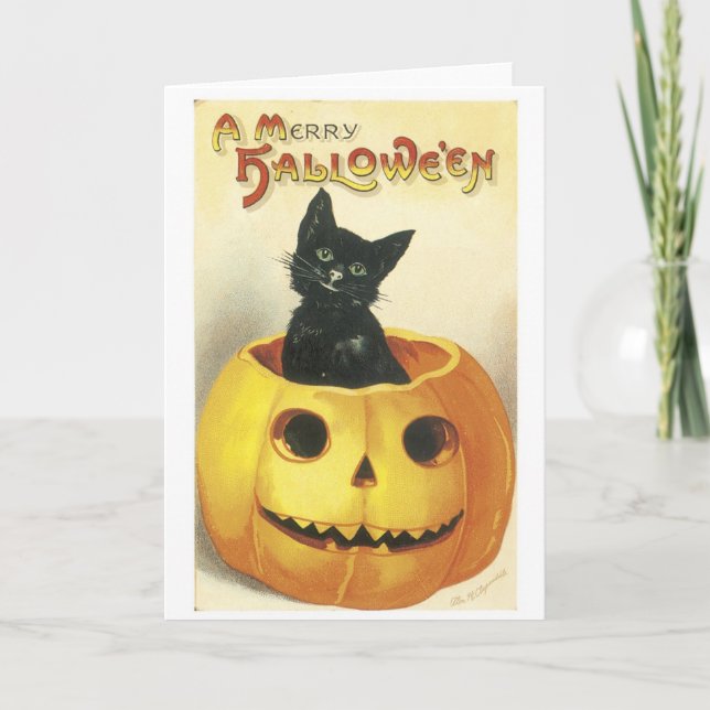 Tarjeta Halloween de estilo antiguo Jack-o'-lantern, gato  (Anverso)
