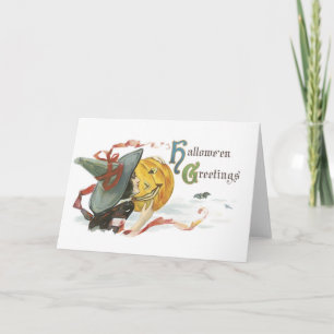 Tarjeta Halloween de estilo antiguo, Witch & Jack-o'-lante