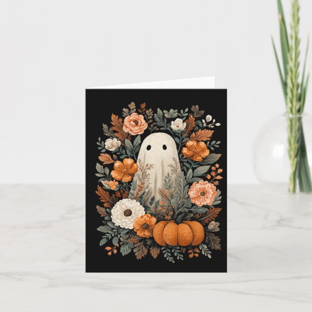 Tarjeta Halloween De Fantasma Y Floral De Calabaza De Caíd (Anverso)