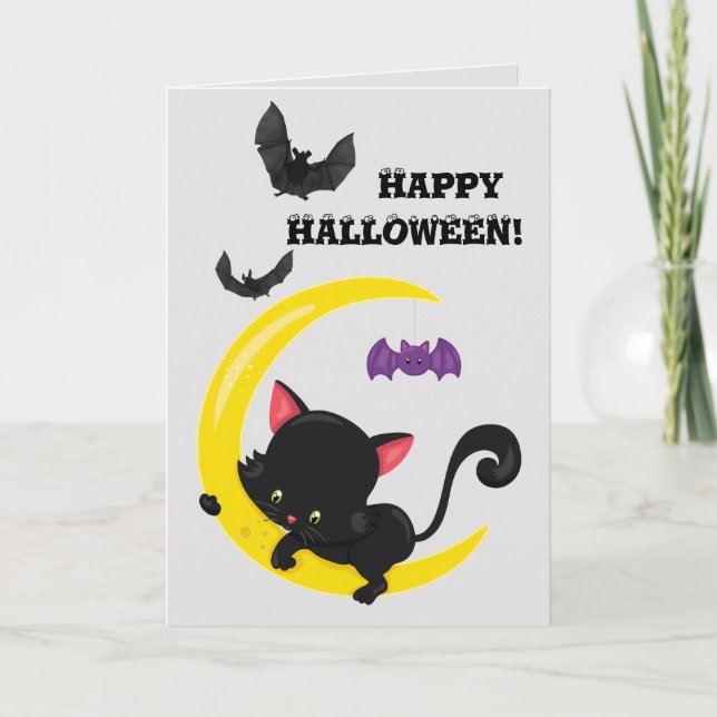 Tarjeta Halloween de gatitos negros y lunares (Anverso)
