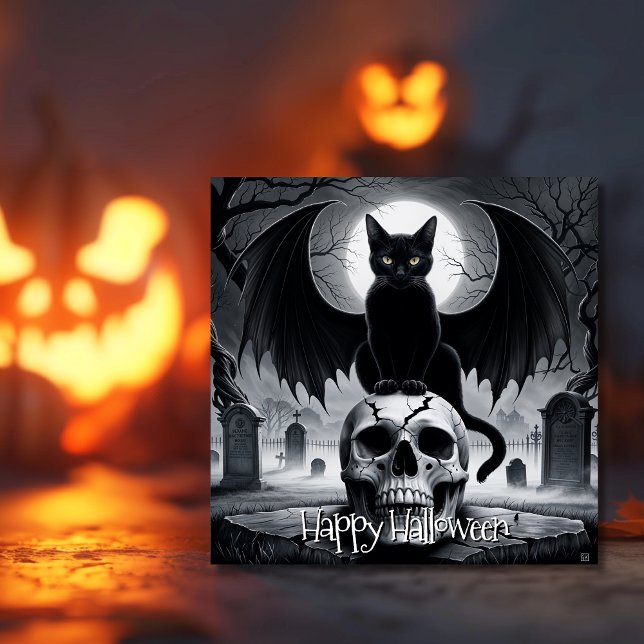 Tarjeta Halloween de Gato Negro espeluznante (Spooky Black Cat Halloween Card)