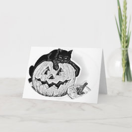 Tarjeta Halloween de Gato Negro y Calabaza
