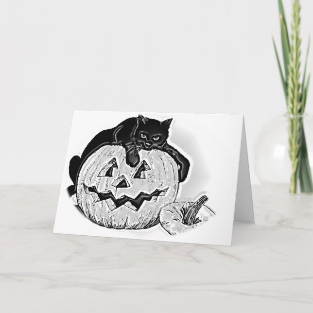 Tarjeta Halloween de Gato Negro y Calabaza (Anverso)