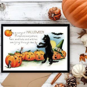 Tarjeta Halloween de Gato Negro y Ratones Caprichoso Antig