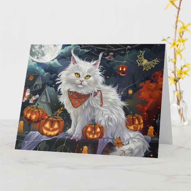 Tarjeta Halloween de gatos angora turca espeluznante (flor amarilla)