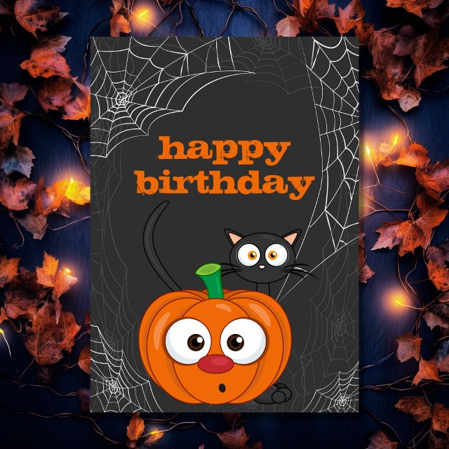 Tarjeta Halloween de gatos y calabazas lindo y fantasmagór (Front - Cute n Spooky Cat and Pumpkin Halloween Birthday Card)