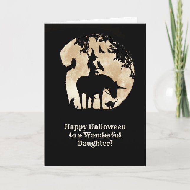Tarjeta Halloween de hija con bruja y unicornio (Anverso)