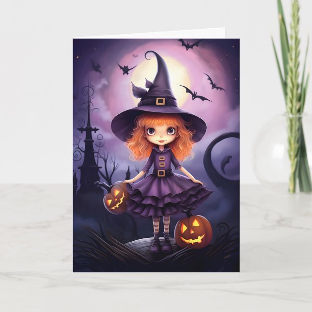Tarjeta Halloween de Ilustracion de bruja púrpura (Anverso)