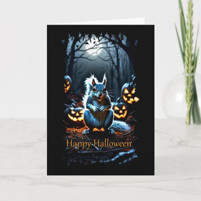 Tarjeta Halloween de la ardilla iluminada por luna (Anverso)