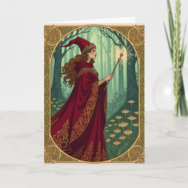 Tarjeta Halloween de la Bruja Roja Art Nouveau (Anverso)