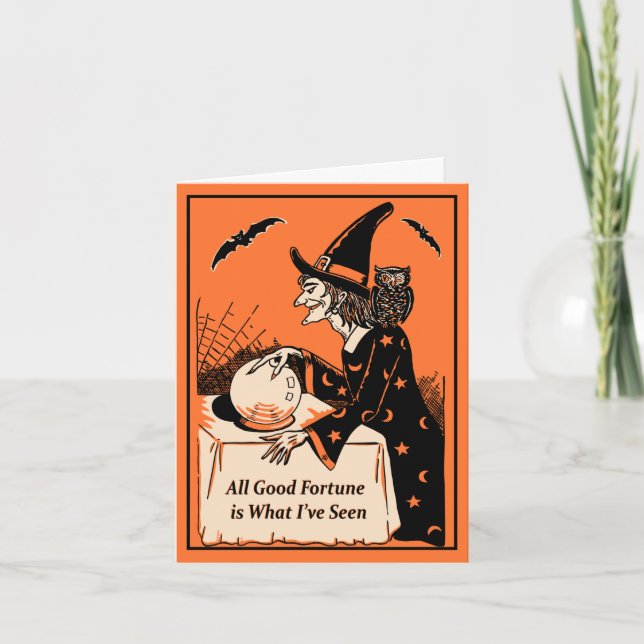 Tarjeta Halloween de la vendimiadora Witch Fortune (Anverso)