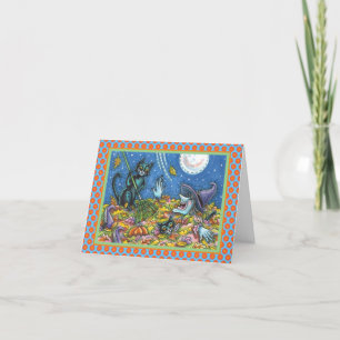 TARJETA HALLOWEEN DE RAKING DE GATOS BLANCOS Y NEG