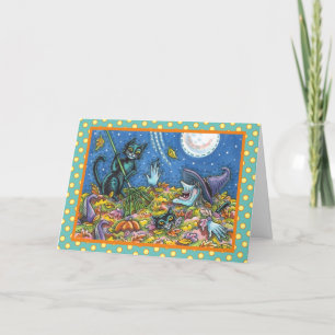 TARJETA HALLOWEEN DE RAKING DE GATOS BLANCOS Y NEG