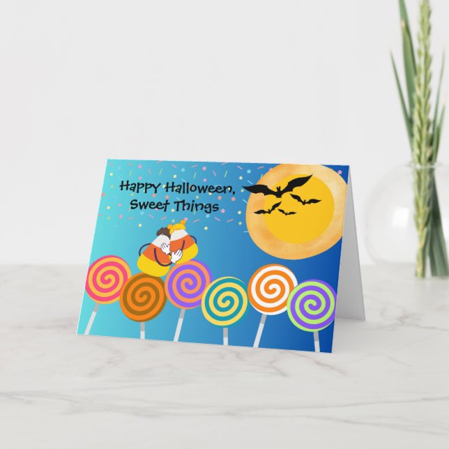 Tarjeta Halloween de recién casados con pareja de maíz dul (Anverso)